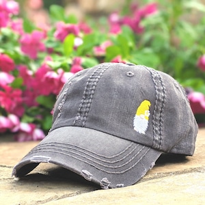 Women's Embroidered Gnome Baseball Cap: Distressed Cotton Hat Small Gnome with Flower