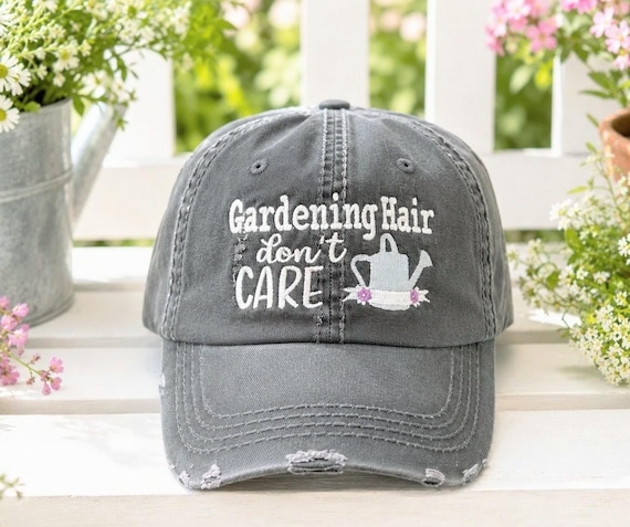 Embroidered Gardening Hat: Hair Don't Care Women's Baseball Cap, Watering Can Flowers