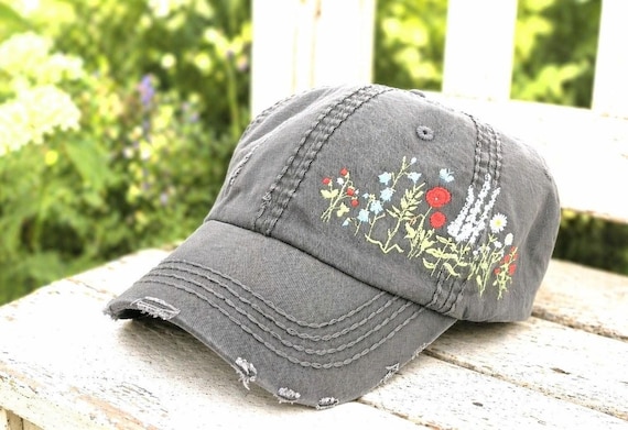 Floral Embroidered Gray Hat Wash Cotton Baseball Cap, Large Hand Embroidered Flower Hat  main image 4