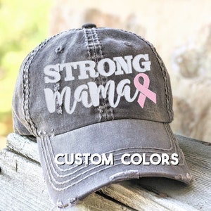 Pink Ribbon or Custom Strong Mama Cancer Ribbon Baseball Cap Hat, Breast Cancer Colon Cervical Uterine, Support Walk Run Gift Chemo Mom Wife