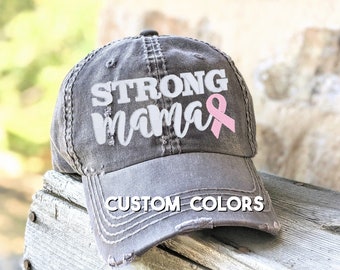 Pink Ribbon or Custom Strong Mama Cancer Ribbon Baseball Cap Hat, Breast Cancer Colon Cervical Uterine, Support Walk Run Gift Chemo Mom Wife