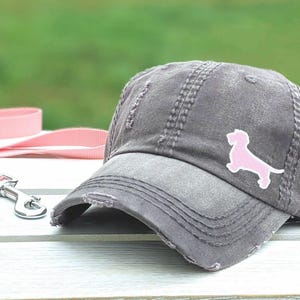 Wirehaired Dachshund Dog Hat: Women's Distressed Baseball Cap, Small Silhouette Shape In Corner