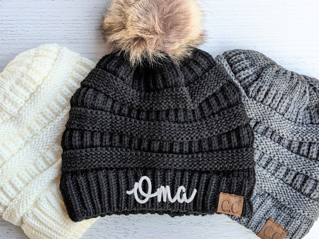 Embroidered Oma Beanie, Optional Pom CC Winter Hat, Custom Text