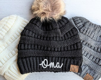 Women's Oma Embroidered Beanie Hat Cap, Cute Monogrammed Sewn Winter Fall Toque, October November December Birthday Gift Christmas Present