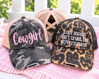 Custom Text CC Ponytail Criss Cross Hat: Personalized Saying Quote Slogan, Camouflage Leopard Print +