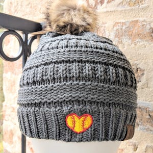 Embroidered Softball Beanie: Women's Winter Hat Cap, CC Optional Pom, Heart Shaped Ball