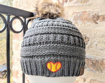Embroidered Softball Beanie: Women's Winter Hat Cap, CC Optional Pom, Heart Shaped Ball