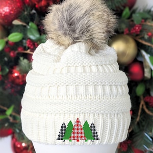 Women&#39;s Embroidered Buffalo Plaid Christmas Tree Beanie Hat Cap, Cute Sewn Winter Toque, Christmas Shopping Caroling Clothing Gift Present