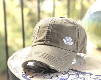 Lotus Flower Embroidered Baseball Cap - Ladies Hat Small Design in Corner, Yoga , Gift Clothing