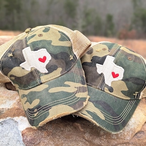 Texas State Shape Trucker Hat Cap: Mesh Custom Embroidered Heart Location, Camo More Snapback