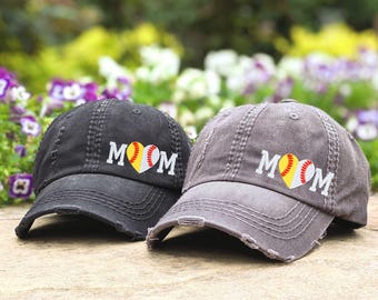 Softball And Baseball Mom Hat: Embroidered Cap, Split Half Heart Design, Gift Clothing Present