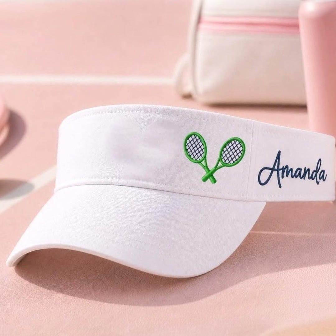 Professional Text On A Racket Embroidered Tennis Visor: Custom Text Racket Design, Personalized Team ...