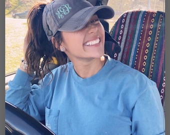 Monogrammed High Ponytail Messy Bun Initials Hat Cap, Corner Design, Grey +, Choose Font, Gift