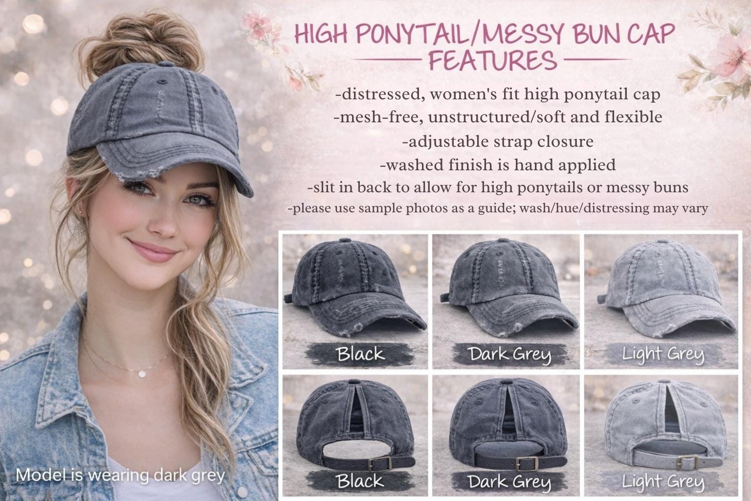 Dog Mom or Mama Embroidered High Ponytail Cap: Distressed  display picture 1