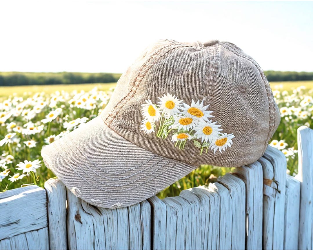 Embroidered Daisy Baseball Cap: Custom Floral Hat, Large Flowers Design ...