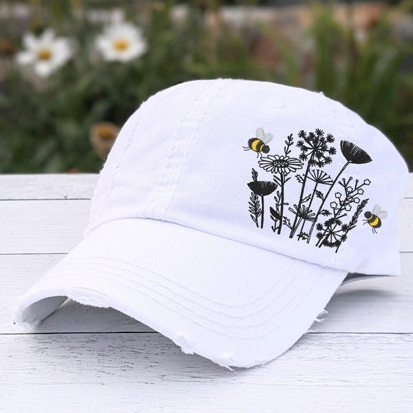 Embroidered Wildflower Bee Hat: Distressed Cotton Baseball Cap, Optional Bees