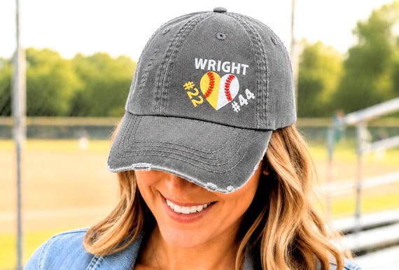 Softball Baseball Mom Cap: Embroidered Split Half Both Half Heart Hat, Jersey Number Gift
