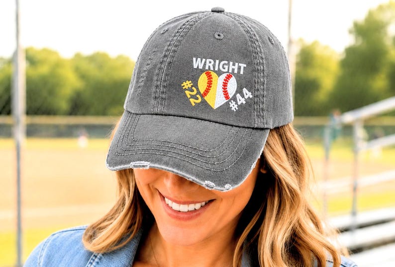Softball Baseball Mom Cap: Embroidered Split Half Both Half Heart Hat, Jersey Number Gift bild 1