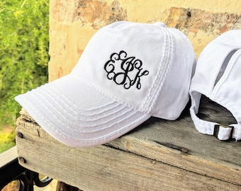 Monogram High Ponytail Cap: Embroidered Initials Messy Bun Hat, White Black +, Gift Clothing