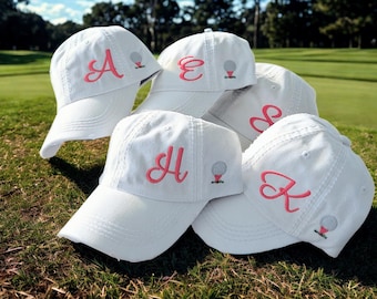 Women's golf hat: tee ball accent, embroidered monogram, name custom text, white + gift clothing