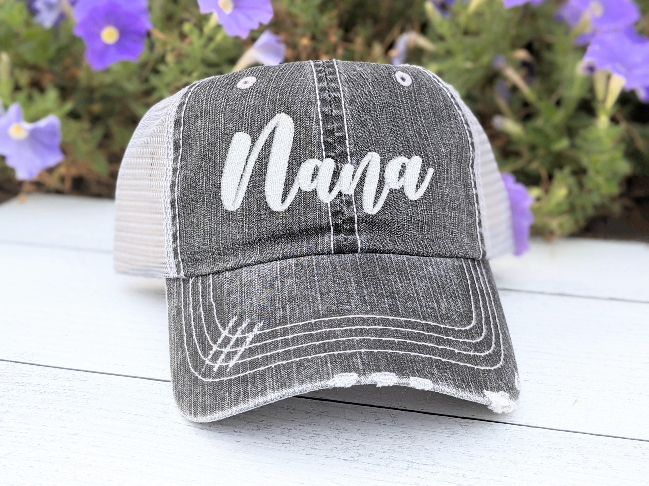 Embroidered Nana or Custom Hat, Grey Mesh Back, Rhinestone Option