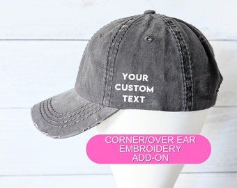 Add Text to Corner Side Ear Area of Hat, Add On Item Only - Price Doesn't Include a Cap, Custom Personalized Embroidery Embroidered