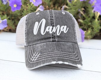 Nana or custom text name nickname embroidered women's baseball cap hat, grey cute mesh back, add bling rhinestones, gift present birthday