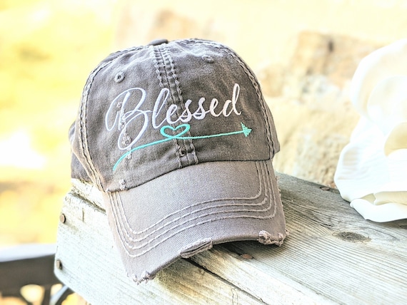 Gray Mesh Back # BLESSED in White Embroidered Women's Trucker Hat 