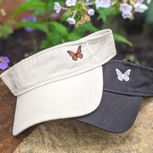 Embroidered Butterfly Visor: Custom Color Hat, Small Tiny Butterfly Sewn in Corner, Gift