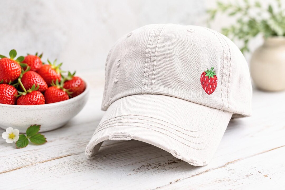 帽子 strawberry western baseball cap Embroidered Strawberry Baseball Cap: Women's Hat, Small Corner