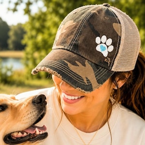 Paw print heart trucker dog hat baseball cap, adjustable snapback, vintage wash, camo more