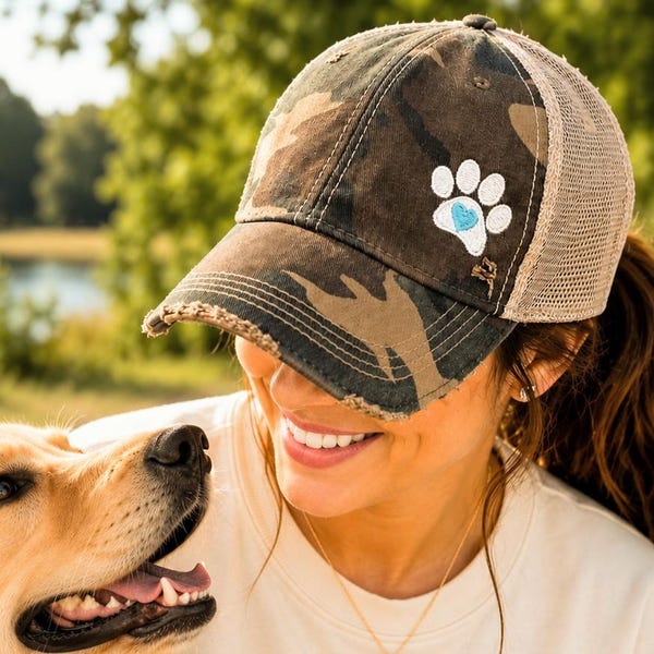 Paw print heart trucker dog hat baseball cap, adjustable snapback, vintage wash, camo more