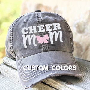 Cheer mom with bow o baseball cap hat, cute cheerleading cheer clothes, spirit wear gift clothing high school jv varsity tournament birthday