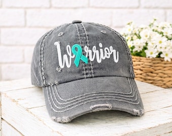 Gorra de béisbol bordada con lazo turquesa contra el cáncer de ovario: apoya la quimioterapia.