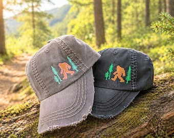 Embroidered Bigfoot Hat: Women's Sasquatch Baseball Cap, Small Trees Corner Side Design, Gift