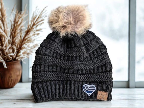 Thin Blue Line Beanie, Flag Heart Optional Badge Number, LEO Wife Mom, Winter Hat