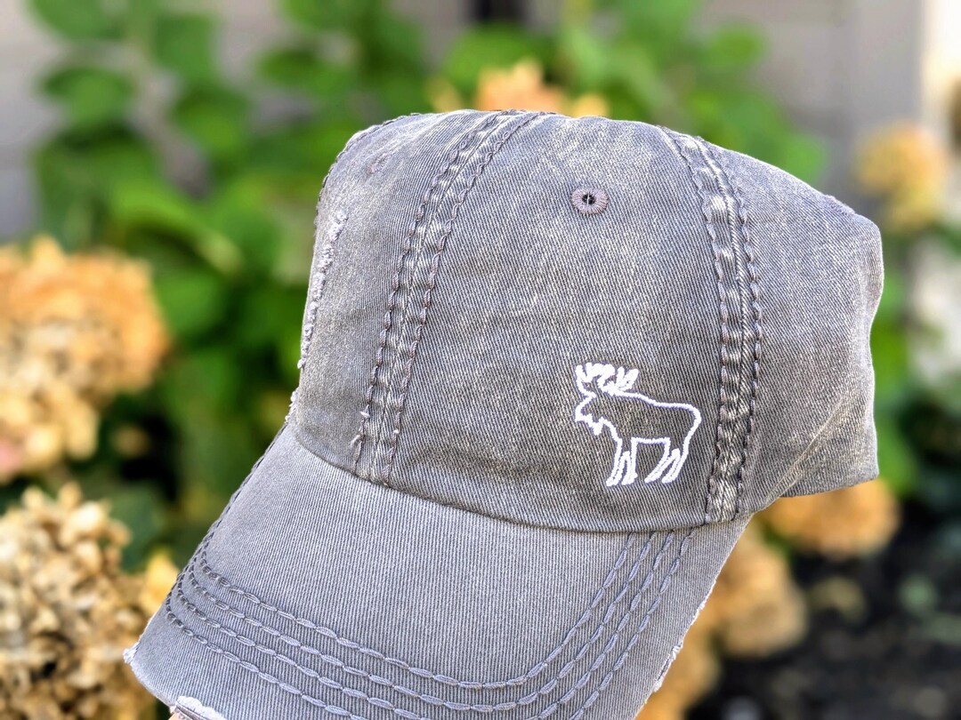 Women's Embroidered Moose Hat: Distressed Cotton Baseball
