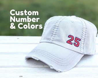 Number Hat Baseball Cap, Varsity Sport Jersey Letterman Embroidered No Patch, Women's One or Two 1 2 Numbers, Cute Gift Mom Her Wife Team