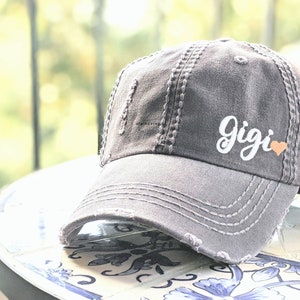 Embroidered Gigi or Custom Text Name Baseball Cap Hat: Cursive Font Optional Heart Gift