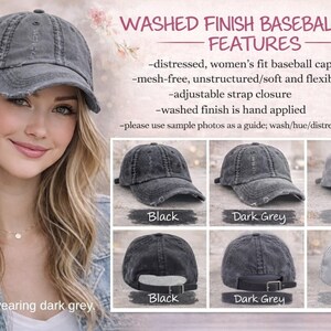 The image is a collage of six images featuring different styles of gray baseball caps, with a focus on the "Washed Finish" style. The caption for each image describes the cap's features, such as being distressed, mesh-free, adjustable, and having a wash finish. The model is wearing a dark grey cap, and the caption indicates that the cap is being worn by the model.