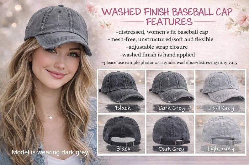 The image is a collage of six images featuring different styles of gray baseball caps, with a focus on the "Washed Finish" style. The caption for each image describes the cap's features, such as being distressed, mesh-free, adjustable, and having a wash finish. The model is wearing a dark grey cap, and the caption indicates that the cap is being worn by the model.