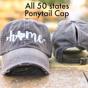 50 States Home High Ponytail Cap, women's Texas and all states messy bun hat, cute housewarming gift, graduation present, state pride gift