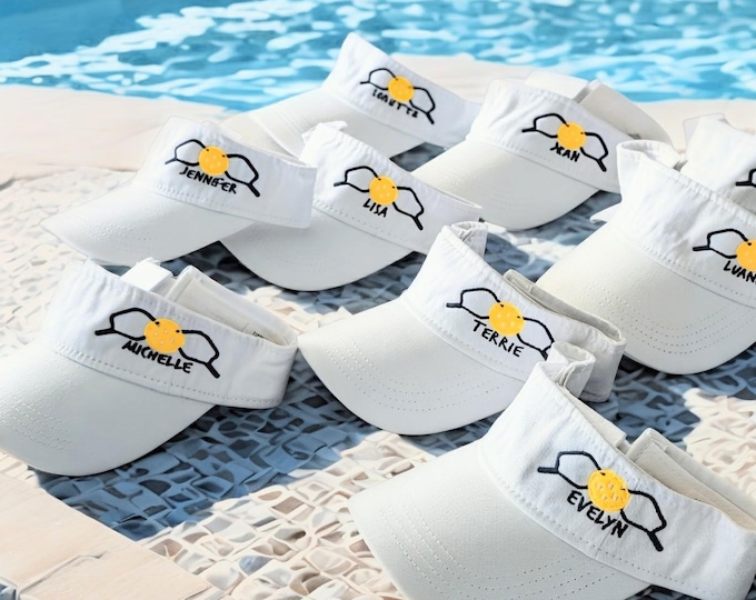 Pickleball Racket Visor: optional name monogram text, embroidered team custom hat, white + gift