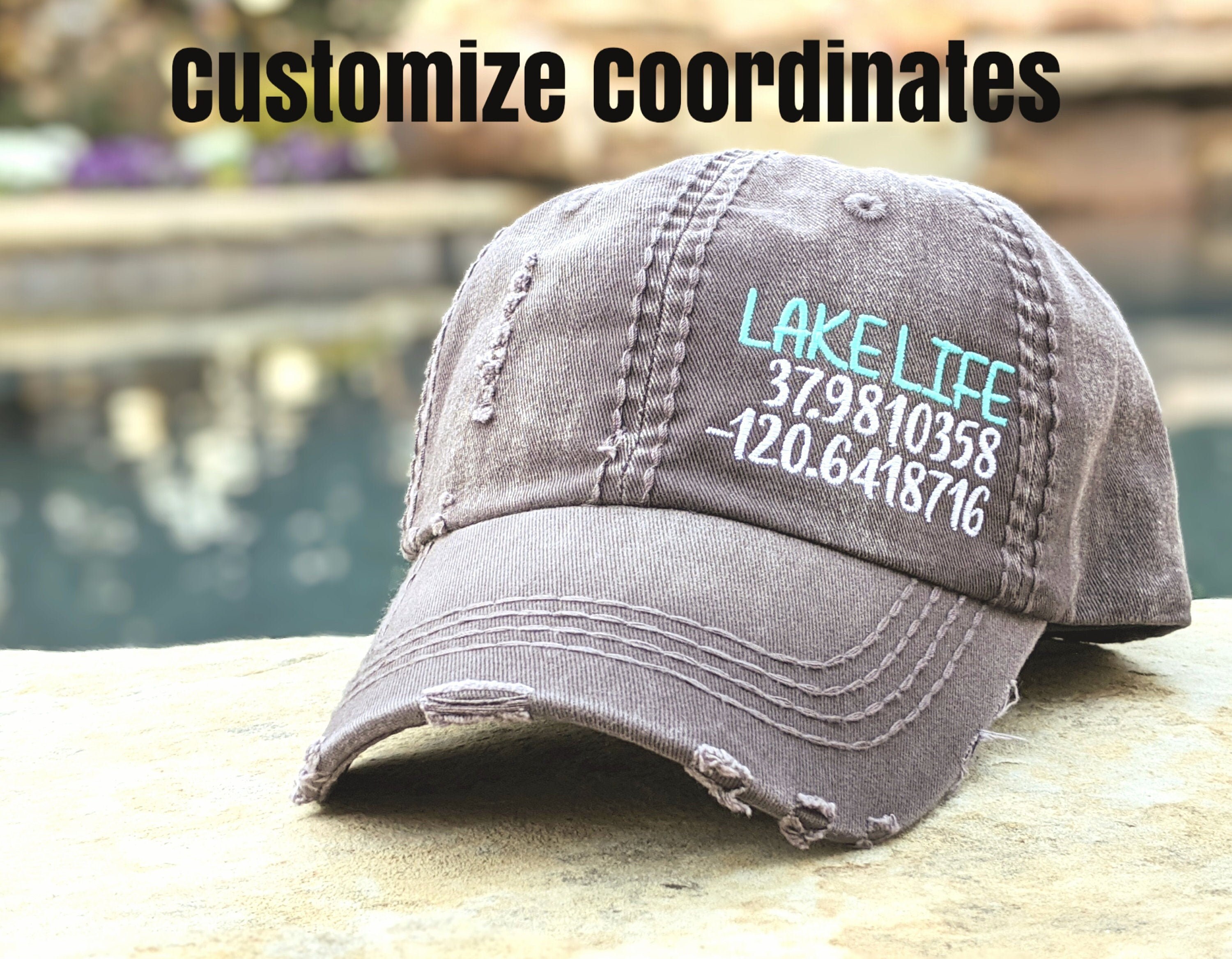 Women's lake hat with gps coordinates, cute lake house gift, owner decor present, embroidered baseball cap, housewarming boat boating friend