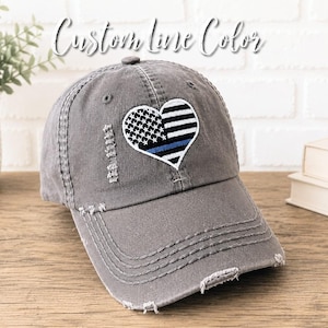 Flag Heart Thin Line Women's Hat: Blue Red Gold + Cap, Embroidered Police Firefighter USA +