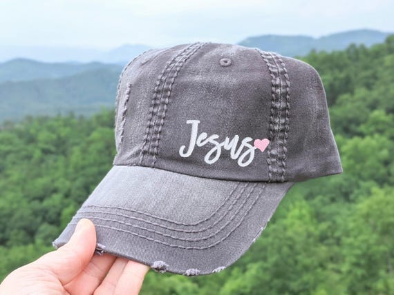 Women's Jesus Hat: Embroidered Distressed Baseball Cap, Christian Gift Optional Heart