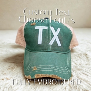 Embroidered State/Airport Code Trucker Cap: Custom Text Hat, TX Green More, Gift Clothing
