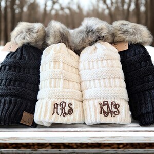Women's beanie monogrammed initials winter hat cap, cc brand embroidered, not a patch, optional pom