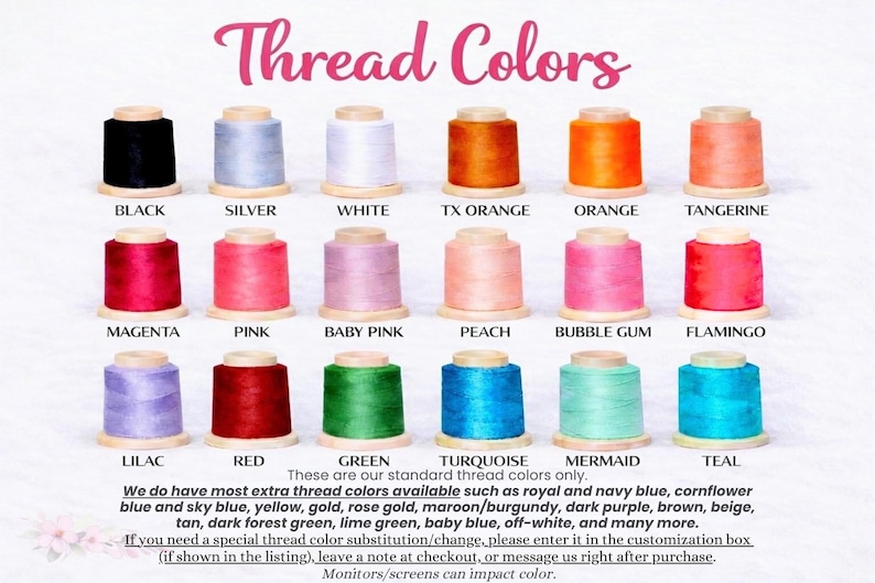 a collection of 16 different thread colors, each with its own unique color and label. The colors include black, silver, white, orange, tangerine, magenta, pink, baby pink, peach, bubble gum, flamingo, turquoise, green, mermaid, teal, and teal. The image provides a visual guide for these various thread colors, which can be used for sewing or crafting purposes.