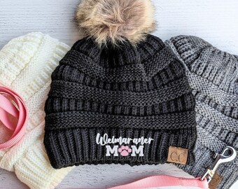 Embroidered Weimaraner Dog Mom or Mama CC Beanie: Winter Hat Cap Optional Pom, Embroidered